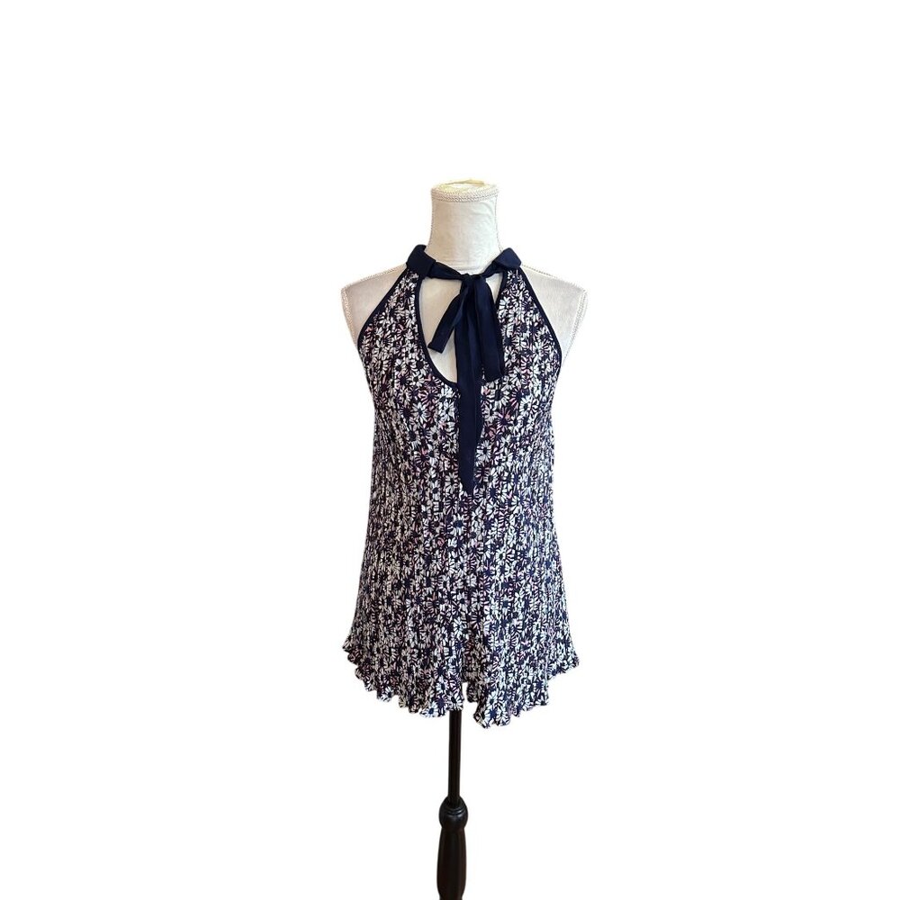 Entro Floral Print Tie Neck Halter Top Blouse Pleated Navy Blue S Office Siren